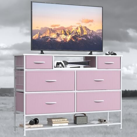 Dresser for Bedroom with Charging Station, 47" Long Dresser with 6 Storage Drawers, Large Fabric Dressers Chests of Drawers with Shelves, Pink