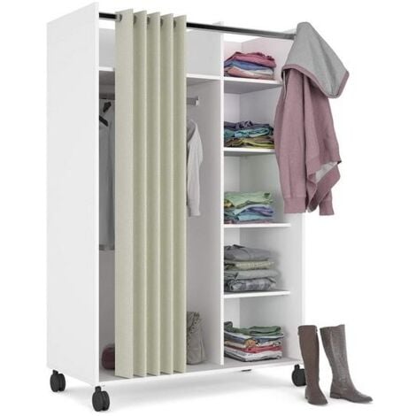 Dressing 100x160 cm blanc mat avec rideau et quatre étagères réglables - Inari