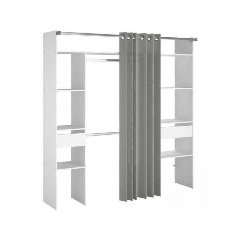 Ekipa - Kit dressing artic avec rideau - Décor Blanc - 2 colonnes + 2 penderies + 2 tiroirs - l 198 x p 40 x h 203 cm