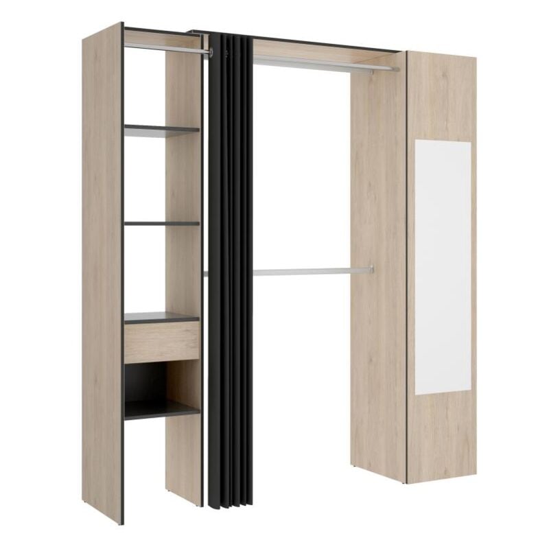 Dressing avec rideau et 1 porte - Avec miroir - L177 cm - Coloris : Naturel et anthracite - bertrand
