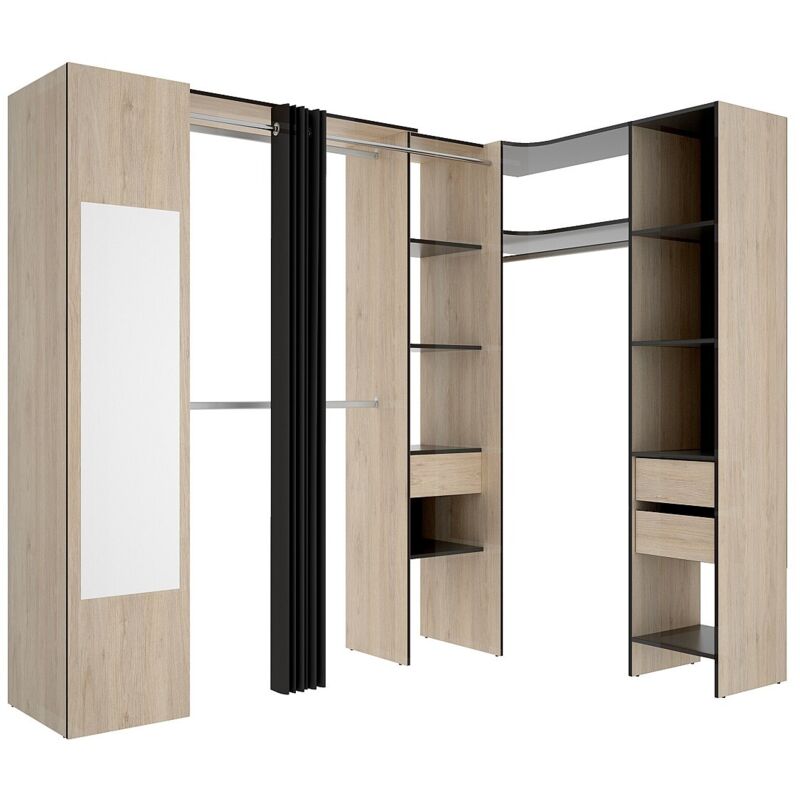 Dressing d'angle avec rideau et 1 porte - Avec miroir - L231 cm - Coloris : Naturel et anthracite - bertrand Dressing d'angle avec rideau et 1 porte - Avec miroir - L231 cm - Coloris : Naturel et anthracite - bertrand