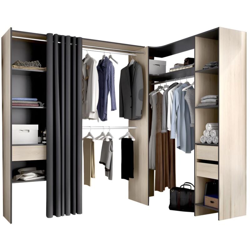 Dressing d'angle extensible gontran - L164/214 cm - Chêne et anthracite
