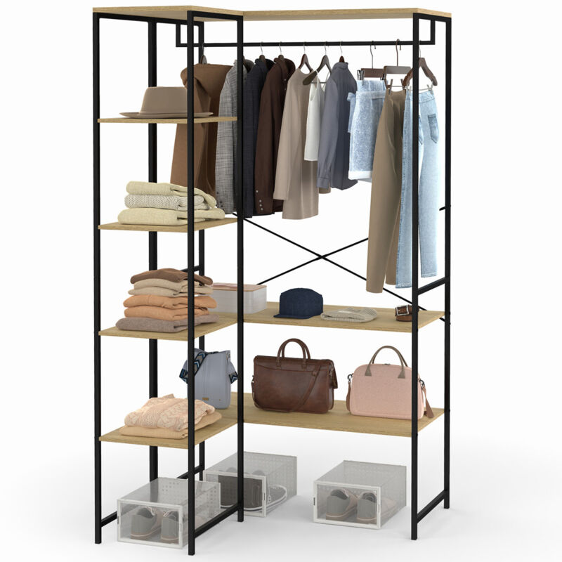 Idmarket – Dressing d'angle modulable double penderie bois hêtre et métal – Longueur 90/123 cm – Hauteur 167 cm – Design industriel moderne