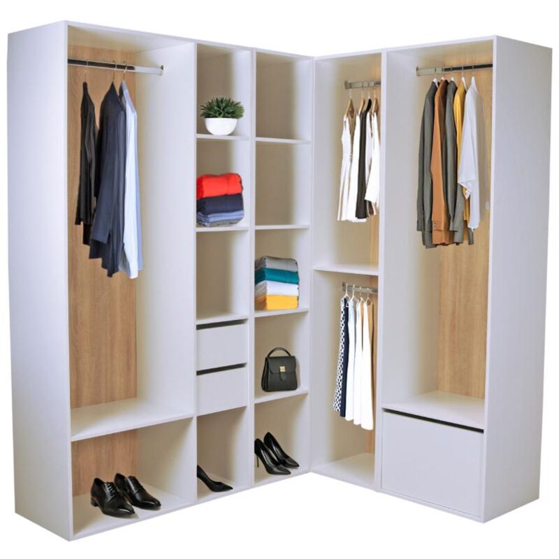 Dressing d'angle modulable - L242,5 cm - Blanc et naturel - tamoka