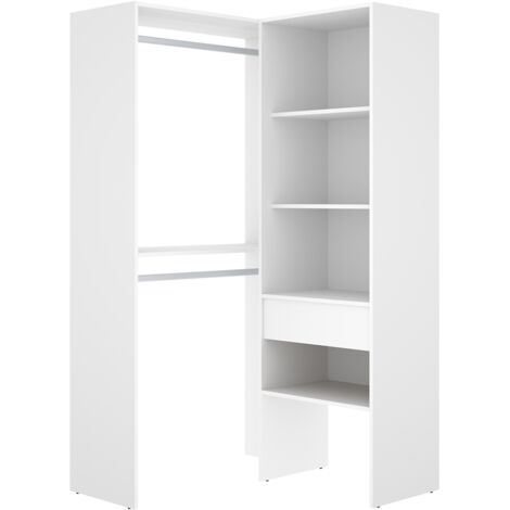 Dressing d'angle ouvert avec penderie à double tringles, 1 tiroir et 4 étagères, coloris blanc - Hauteur 185 x Longueur 100 x Profondeur 88,4 cm