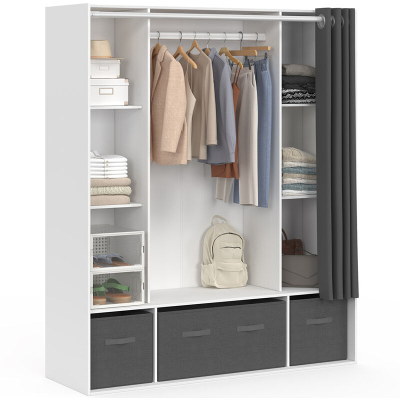 Dressing double penderie DIANE 140 x 45 x 167 cm blanc avec étagères + boites de rangement + rideau gris