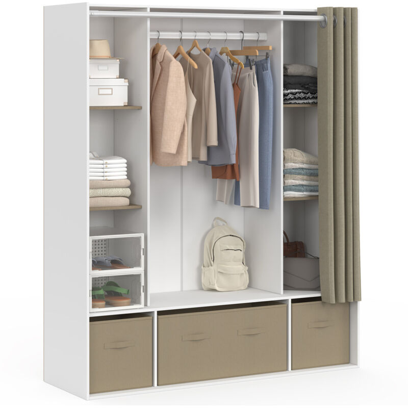Dressing double penderie DIANE 140 x 45 x 167 cm blanc avec étagères + boites de rangement + rideau taupe