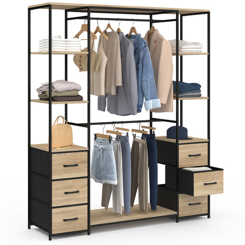 Idmarket - Dressing double penderie + double colonne l. 140 cm utah avec 6 étagères et 6 bacs en tissu bois et noir