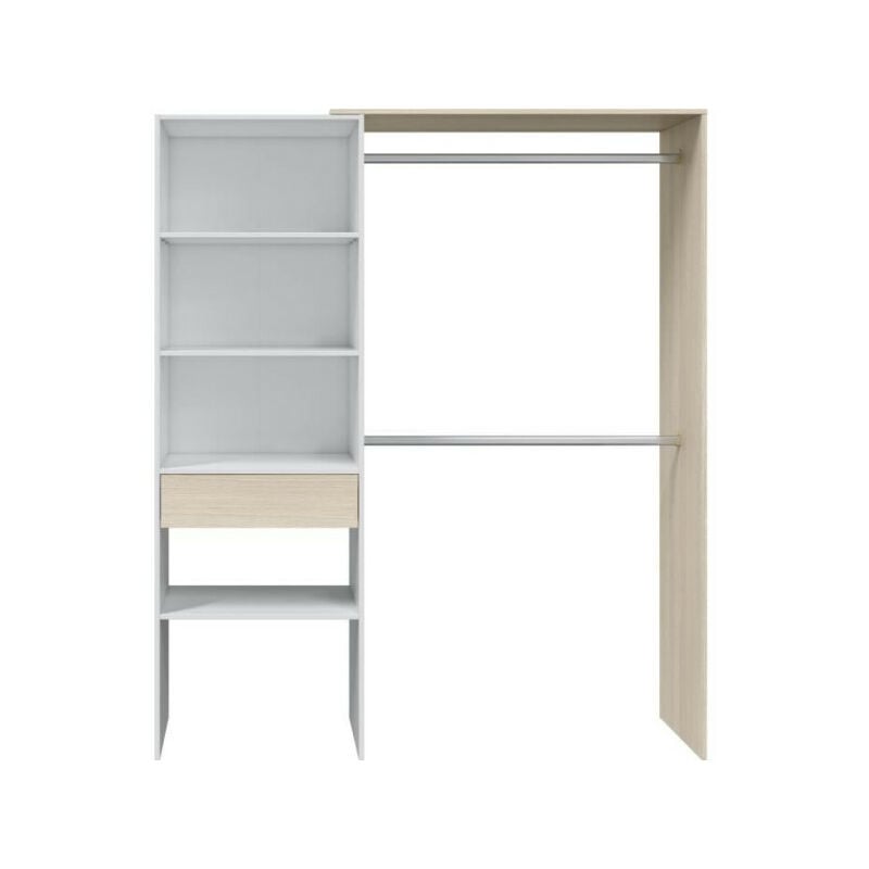 Dressing - dress - 2 penderies + 3 niches + 1 étagere + 1 tiroir - Blanc et chene - l 158x H187x P40cm