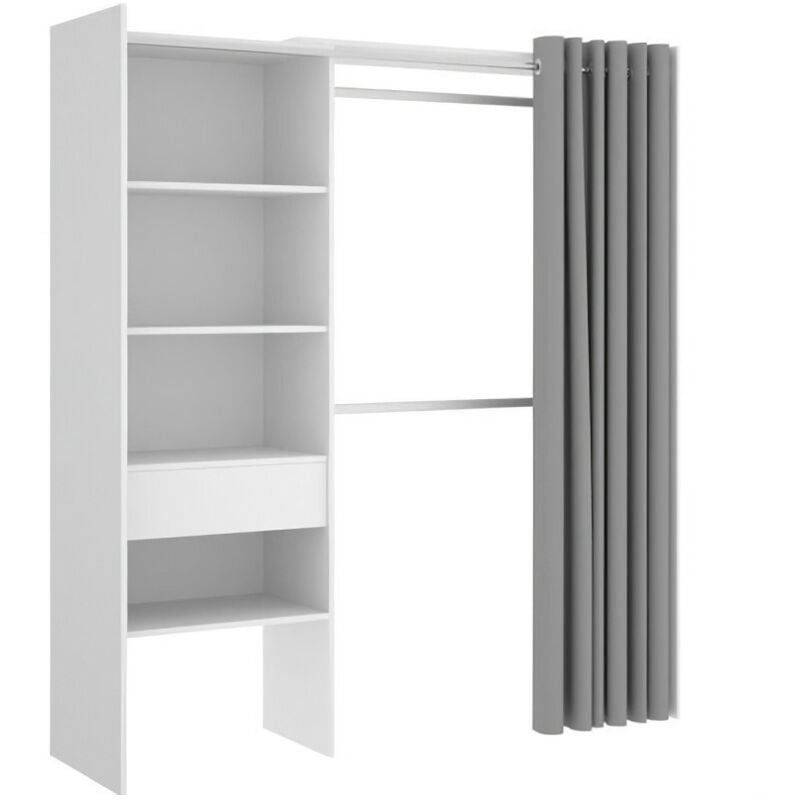 Dressing extensible avec rideau + 1 tiroir - Décor Blanc - l 160-113 x p 50 x h 205 cm - suit