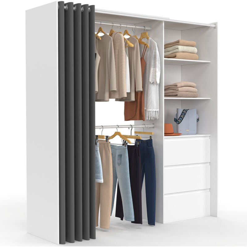 Dressing extensible MARTY 120/170 x 50 x 180 cm blanc avec 3 tiroirs + étagères + double penderie + rideau gris