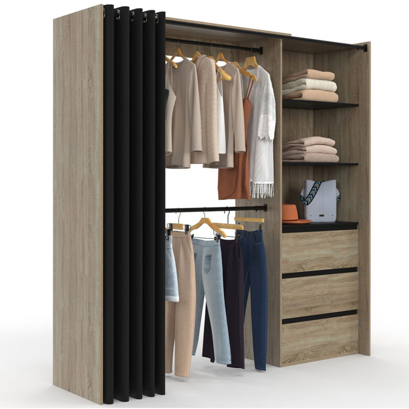 Dressing extensible hêtre 120/170 cm avec 3 tiroirs étagères double penderie et rideau noir