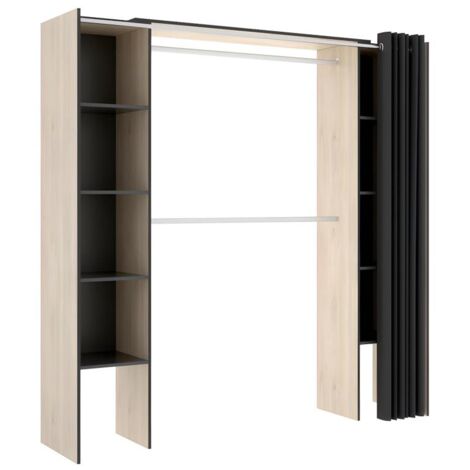 Dressing extensible Dorian 110/180 cm – Rideau gris – Panneaux mélaminés – Charge penderie 15 kg – Éco-responsable certifié PEFC – Dekit