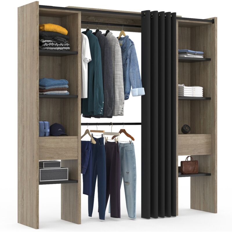 Dressing extensible double meryl 120/180 x 50 x 180 cm hêtre avec étagères hêtre + double penderie + rideau noir