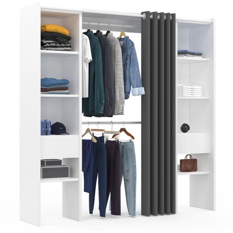 Dressing extensible double meryl 120/180 x 50 x 180 cm blanc avec étagères + double penderie + rideau gris
