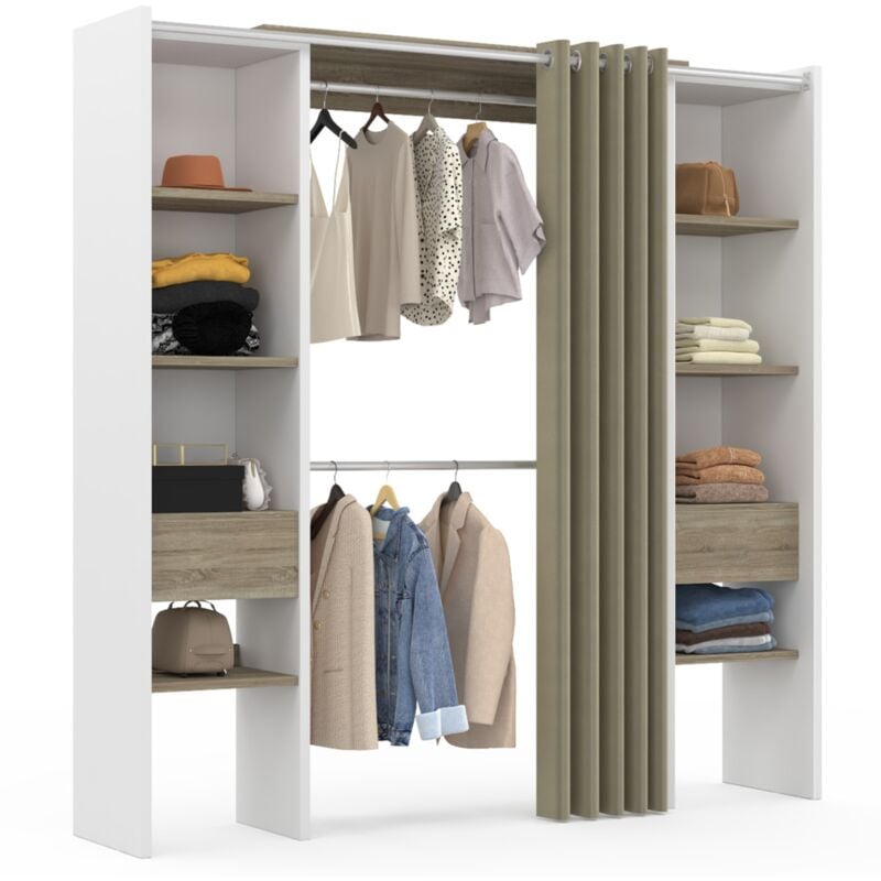 Dressing extensible double meryl 120/180 x 50 x 180 cm blanc avec étagères hêtre + double penderie + rideau taupe