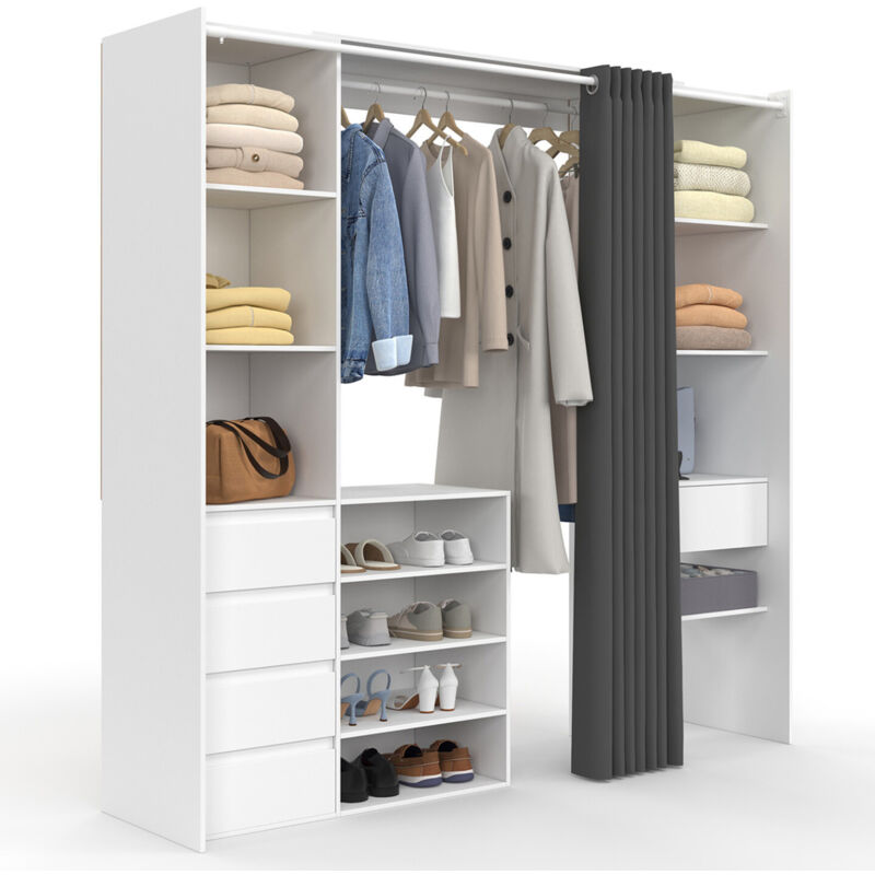 Idmarket – Dressing modulable extensible 120/180 cm blanc et gris – 11 étagères réglables – 5 tiroirs – Penderie avec rideau gris