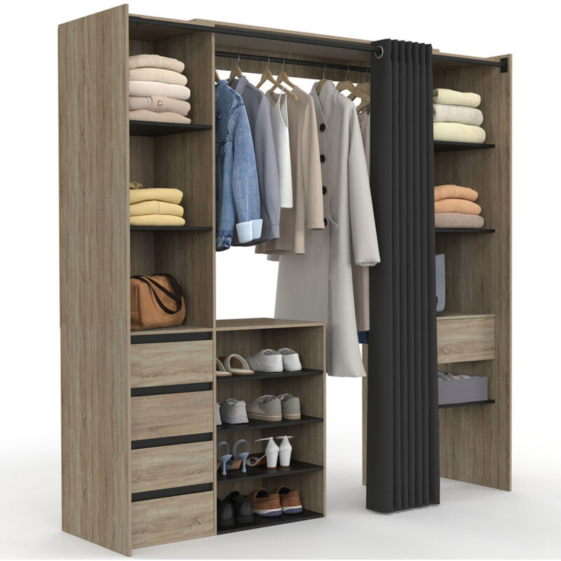 Dressing extensible double XXL MERYL 120/180 cm hêtre avec tiroirs + étagères + penderie + rideau noir