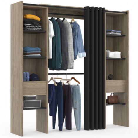 Dressing extensible double MERYL 120/180 x 50 x 180 cm hêtre avec étagères hêtre + double penderie + rideau noir