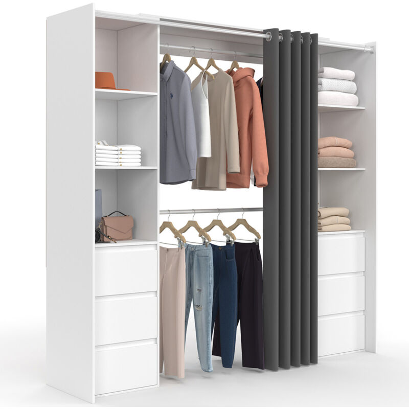 Dressing extensible double MERYL 120/180 cm blanc avec 6 tiroirs + étagères + double penderie + rideau gris