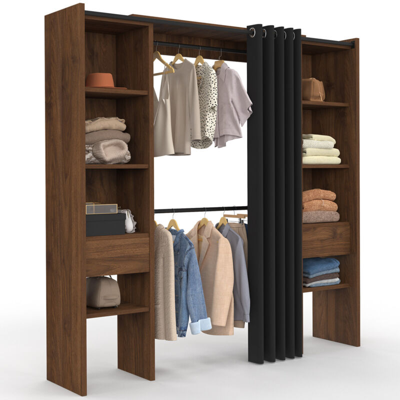 Dressing extensible double MERYL 120/180 x 50 x 180 cm noyer avec étagères + double penderie + rideau noir