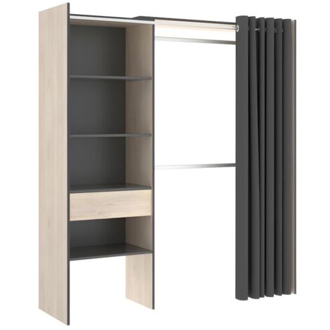 Dressing extensible 205 cm – Largeur ajustable 110/160 cm – Panneau mélaminé chêne et anthracite – Rideau polyester gris – Dekit