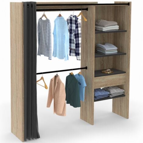 Dressing extensible MARTY 120/170 x 50 x 180 cm hêtre avec étagères + double penderie + rideau noir