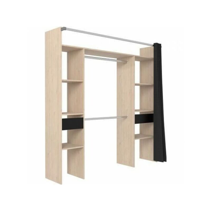 Dressing ARTIC avec rideau - L 198 x H 203 cm - 2 colonnes + 2 penderies + 2 tiroirs - Chene Jackson et noir