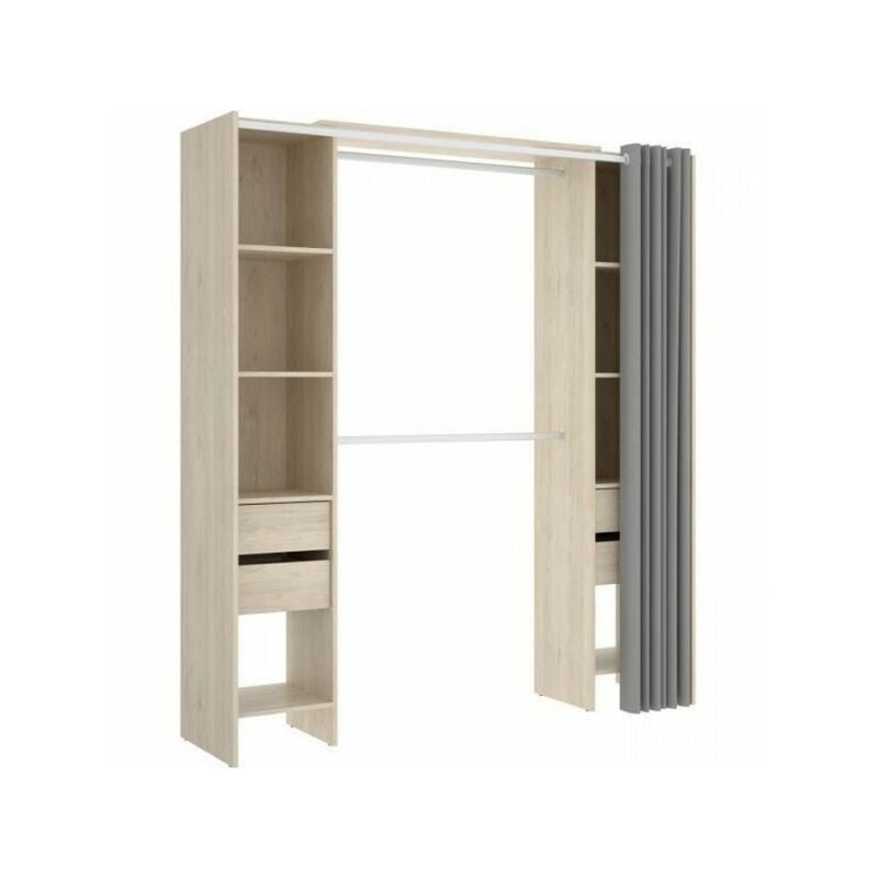 Kit dressing extensible avec rideau et 4 tiroirs - Décor chene naturel - l 180-113 x p 50 x h 205 cm - suit