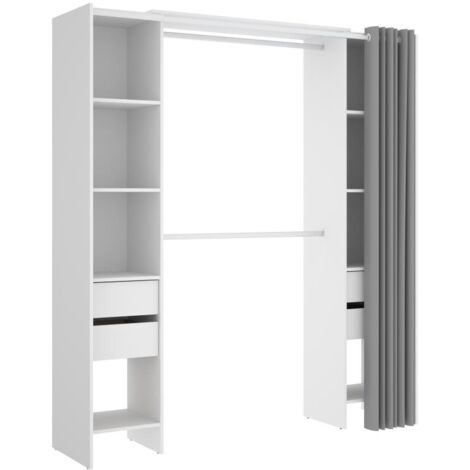 Dressing modulable extensible avec rideau et 4 tiroirs – Blanc – 205 cm hauteur x 177,5 cm largeur x 50 cm profondeur – Mélamine haute qualité – Dekit