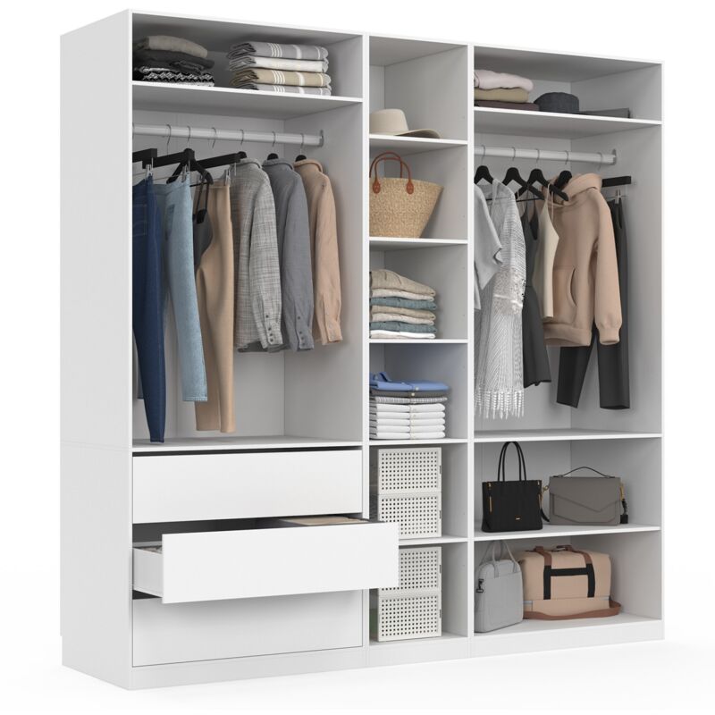 Dressing modulable taylor 200 x 55 x 200 cm 3 modules avec penderies + étagères + tiroirs blanc