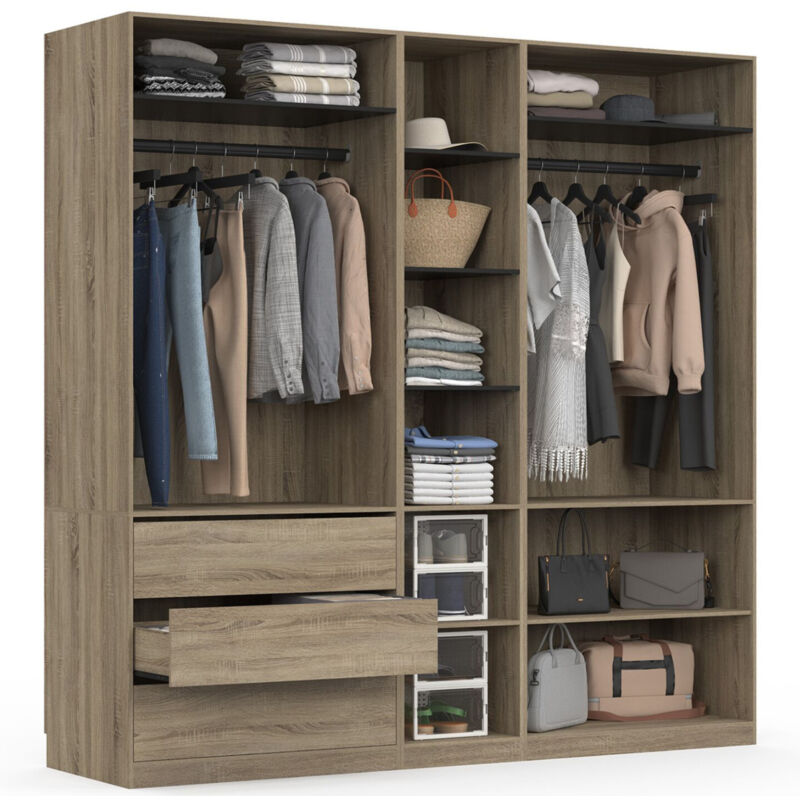 Dressing modulable TAYLOR 200 x 55 x 200 cm 3 modules avec penderies + étagères + tiroirs hêtre et noir