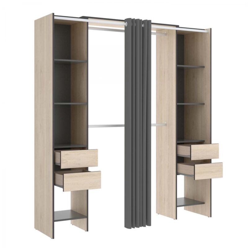 DRESSING OUVERT AVEC TIROIRS ET RIDEAU VESTO - Graphite / Naturel