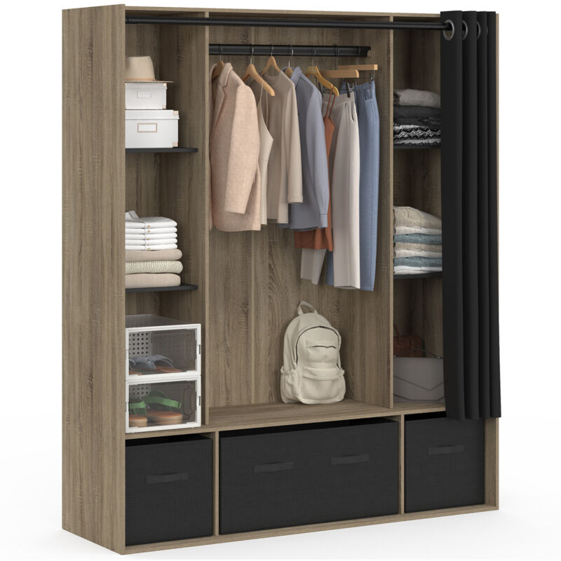 Dressing penderie coloris bois 6 étagères et rideaux noirs