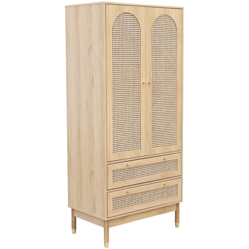 Sweeek - Dressing penderie judith 2 portes 2 tiroirs cannage, poignées et pieds finition dorée, 80 x 50 x 180 cm