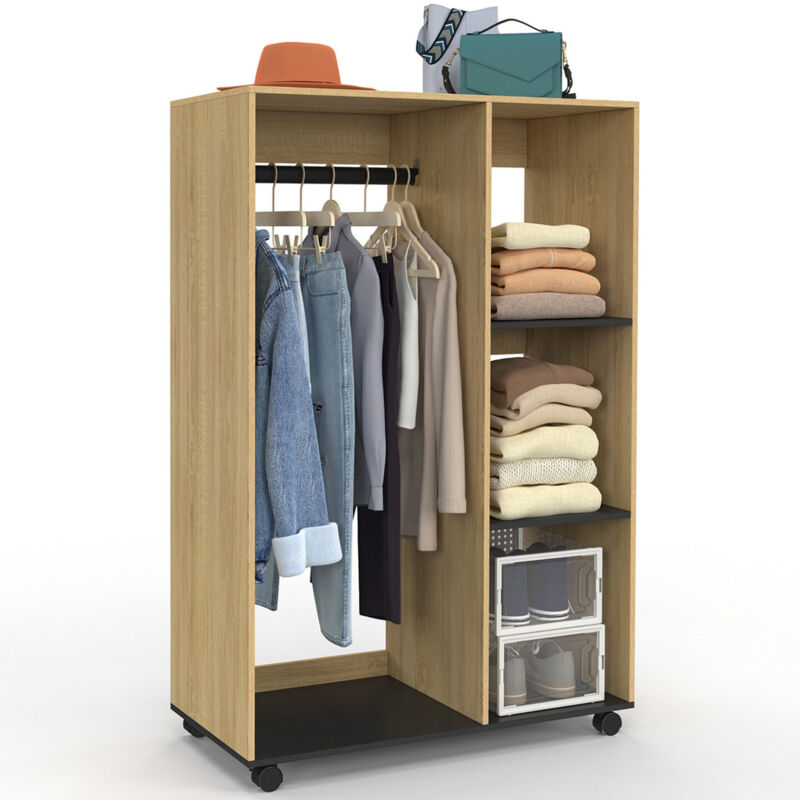 Idmarket – Dressing penderie RACHEL 80 cm – Largeur 40 cm – Hauteur 120 cm – 2 étagères – Roulettes pour mobilité – Hêtre et noir