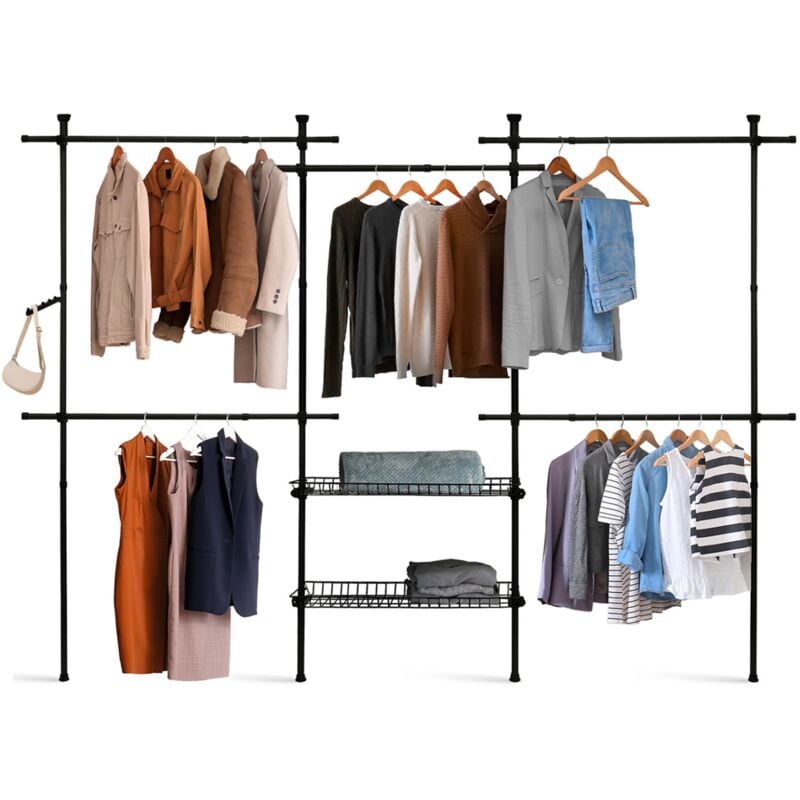 Dressing penderie télescopique extensible eliot 209/305 cm 5 penderies + 2 paniers en métal noir