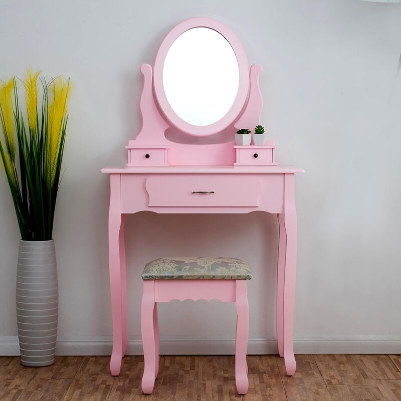 Cherrytree Furniture Pink Dressing Table 3 Drawer Makeup Dresser Set With Stool Oval Mirror Bf004pink