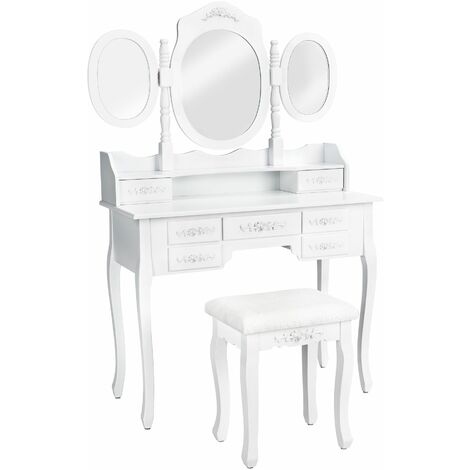 Dressing Table - 7 drawers, 3 mirrors and stool, antique look - chest of drawers, dressing table mirror, white dressing table
