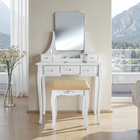 main image of "Dressing table Claire with 5 drawers for storage | Includes stool and mirror - dressing table mirror, white dressing table, dressing table chair - white"