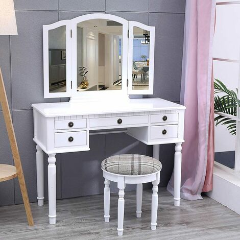 main image of "Dressing Table Mirror 5 Drawer Storage Makeup Vanity Mirror Desk & Stool"