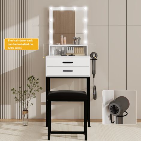 Dressing Table Set with 10 LED Light Mirror, Makeup Vanity Desk with 2 Drawers and Stool, Bedroom
