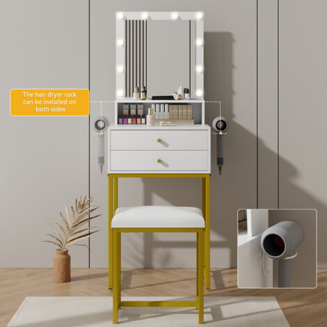 Dressing Table Set with 10 LED Light Mirror, Makeup Vanity Desk with 2 Drawers and Stool, Bedroom