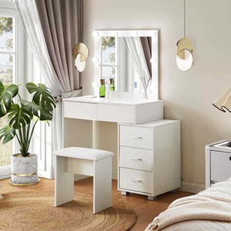 CLIPOP Dressing Table Set with LED Lights, Adjustable Brightness, 5 Drawers Vanity Desk with Mirror and Stool Makeup Table for Bedroom Girls Women