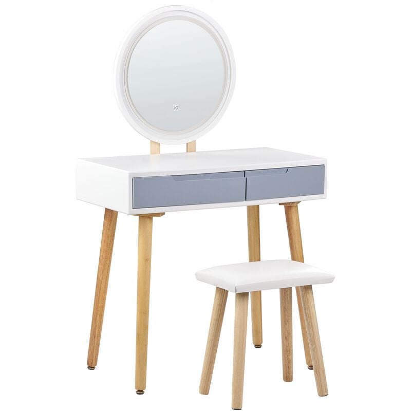 Dressing Table Set with Stool Round led Mirror 2 Drawers White and Grey Josselin