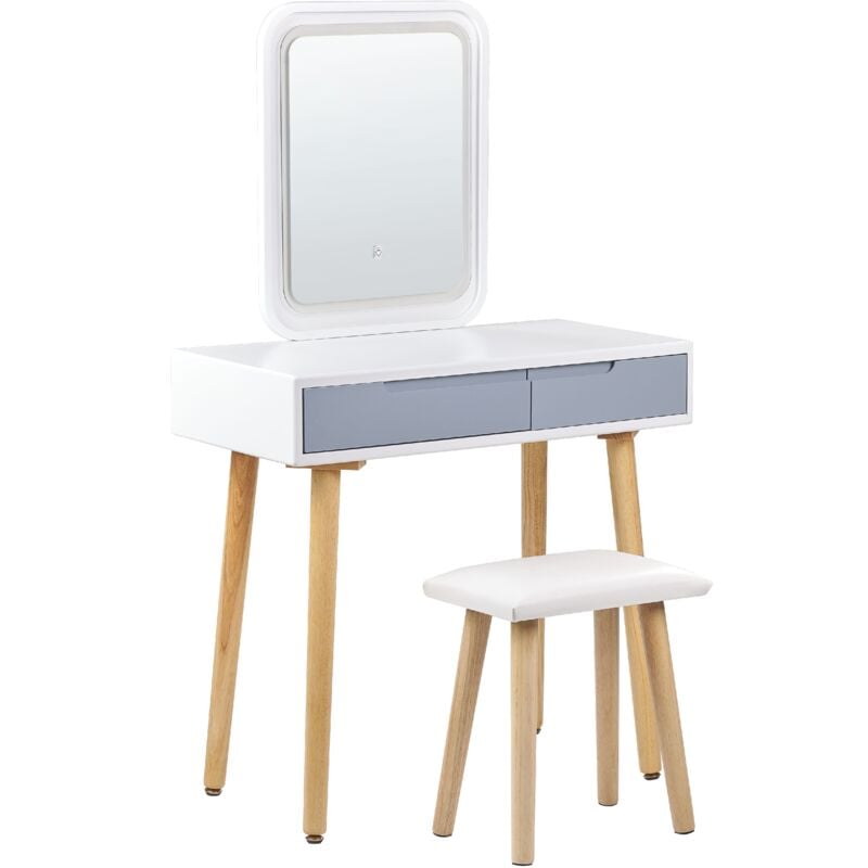 Dressing Table Set with Stool Storage led Mirror 2 Drawers White and Grey Dieppe