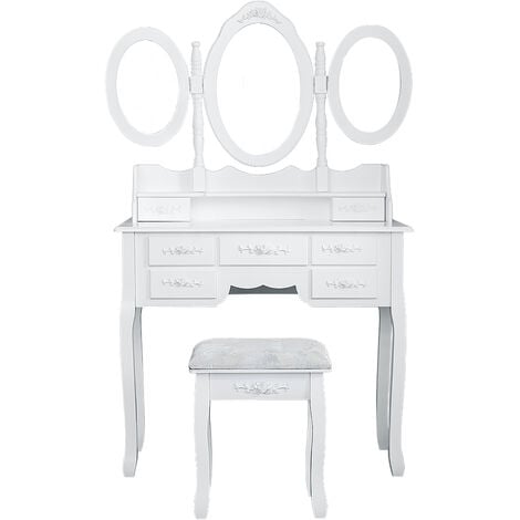 Dressing table with 7 drawers, 3 mirrors and stool antique make-up table dresser - white