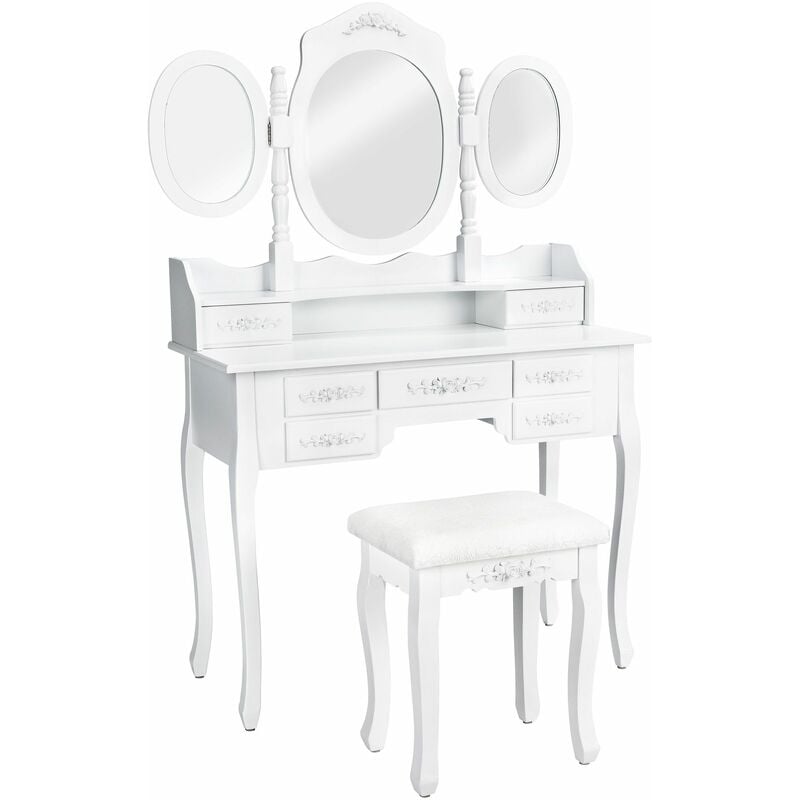 Dressing table with 7 drawers, mirror and stool in an antique look - chest of drawers, dressing table mirror, white dressing table - white