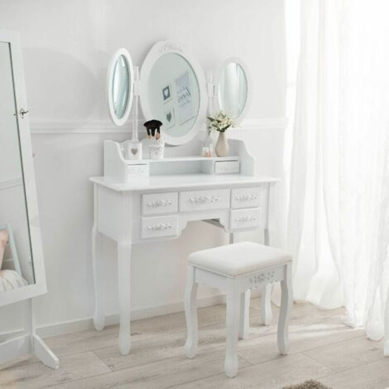 Dressing Table With 7 Drawers Mirror And Stool In An Antique Look