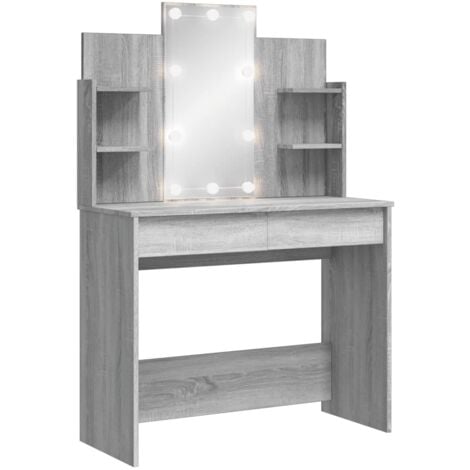 Dressing Table with LED Lights Grey Sonoma 96x40x142 cm vidaXL